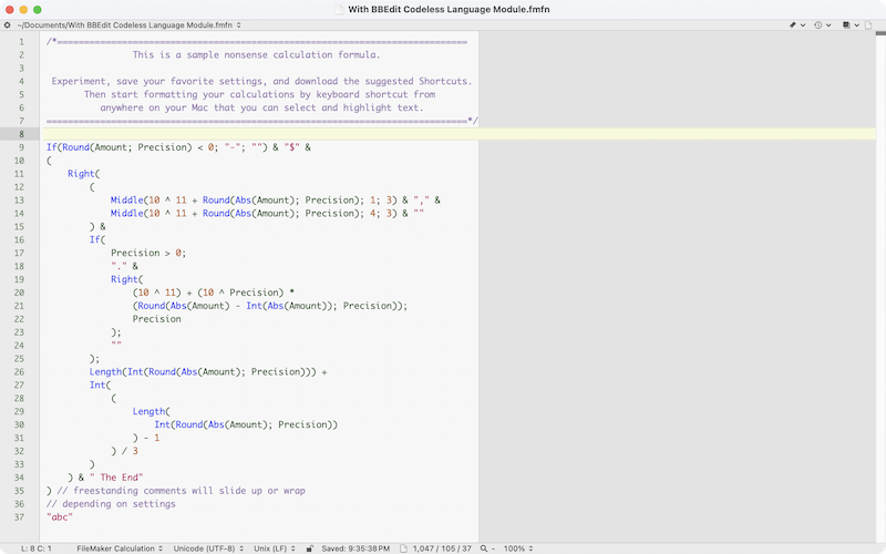 BBEdit document with syntax-highlighted formatted calculation